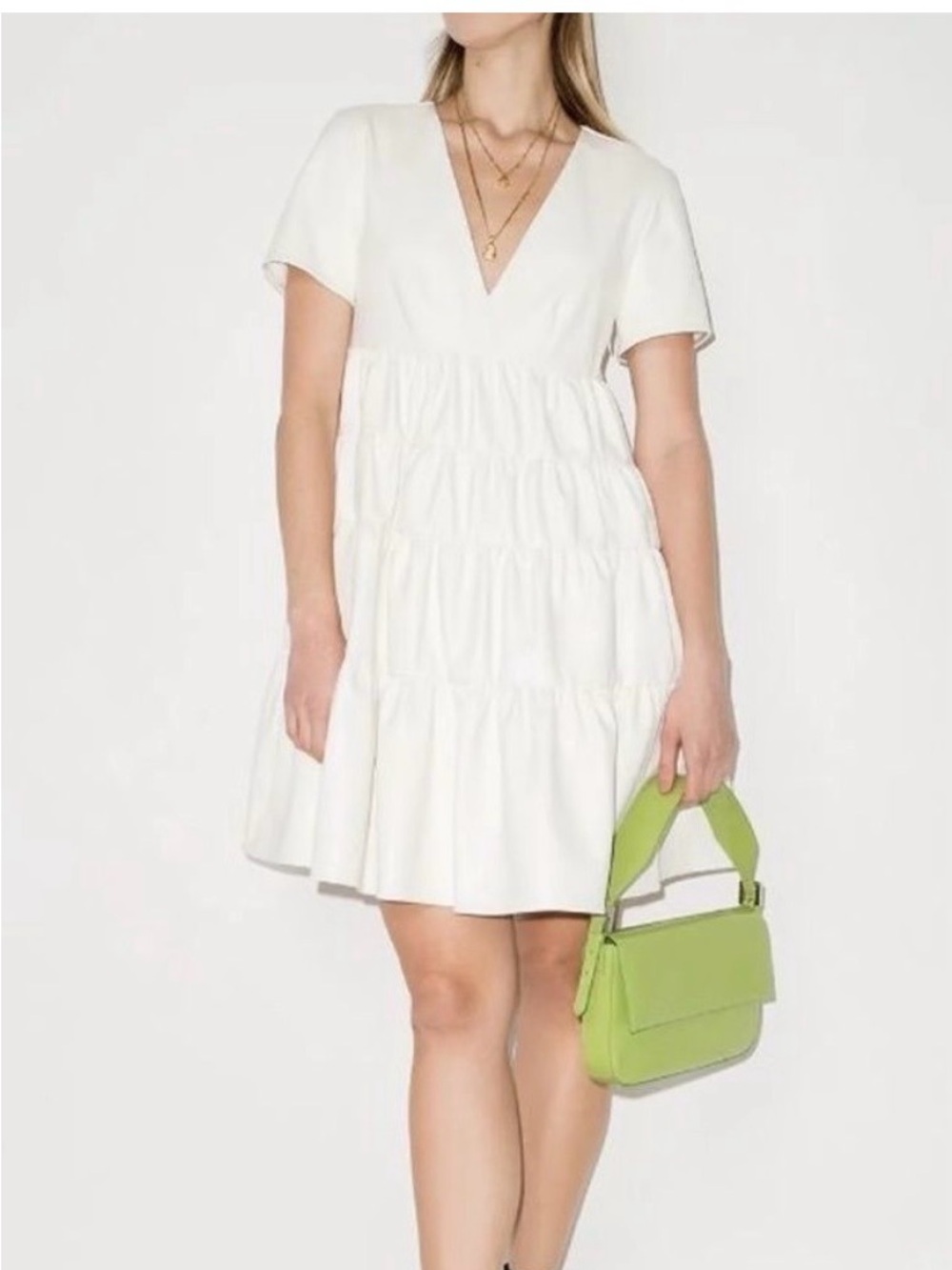 Staud White Tiered V-Neck Short Sleeve Dress in vegan leather